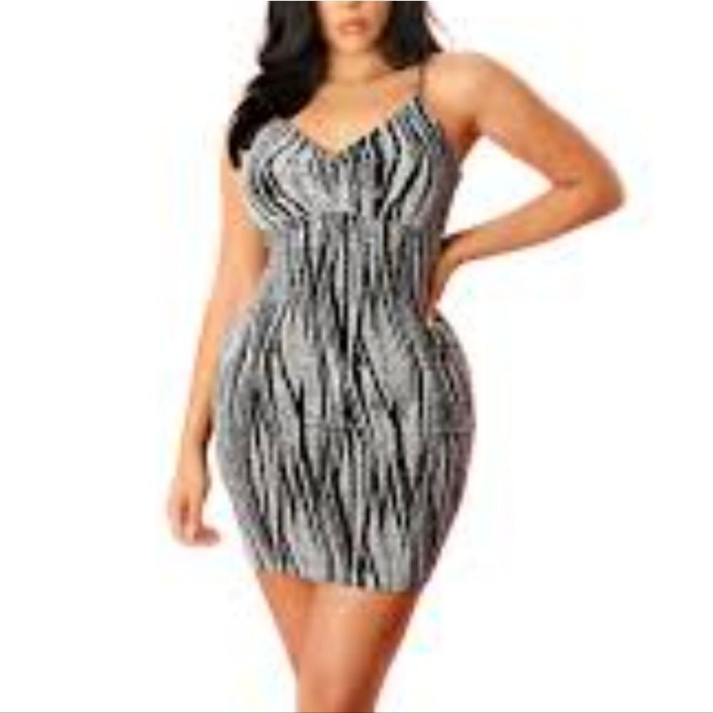 BRAND NEW STYLE RACK SEQUIN SPAGHETTI STRAP METALLIC V-NECK MINI DRESS